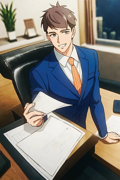 (score_9, score_8_up, score_7_up),(source anime, best quality, best aesthetic, perfect anatomy),1boy,kentaro momose,male_focus,handsome detailed face,black eyes,black jacket,blue jacket,collared shirt,slim body,skinny,orange necktie,solo,modern office,hand...