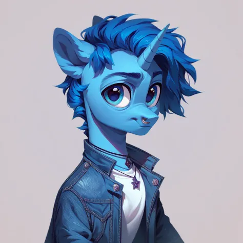 score_9, score_8_up, score_7_up, score_6_up, score_5_up, score_4_up, pony, solo, stallion, blue unicorn, unicorn, blue body, blue eyes, horn, denim jacket, necklace, nose piercing,