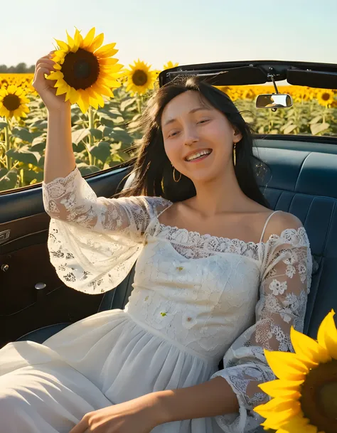 Layona, In a soft, golden afternoon light, the image captures a breathtaking young woman with raven-black hair cascading down her back, sitting in the drivers seat of an old, vintage convertible car. With one hand holding a sunflower delicately between her...