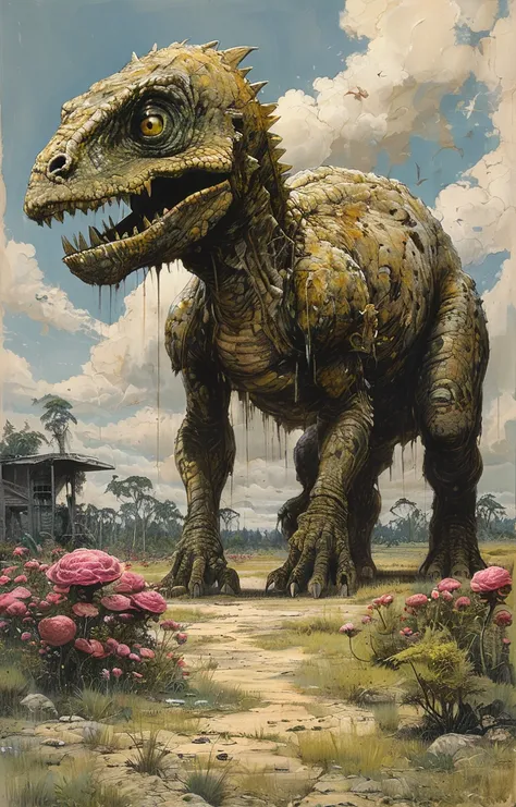 masterpiece,best quality,<lora:tbh275-sdxl:0.9>,illustration,style of William Stout,jurassic park, decaying peonies