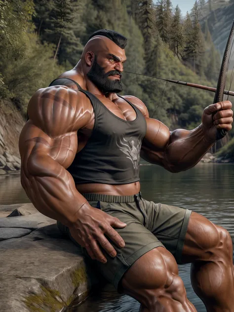 ultra realistic, unreal engine 5, anatomically correct, detailed eyes, detailed face, brown eyes, thick eyebrows, male focus, solo, zangief, bodybuilder, scar, mohawk, ((tank top)), shorts, ((holding fishing rod, fishing)), sitting by the river, from side,...