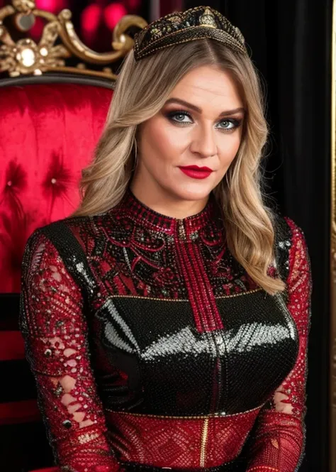 a captivating masterpiece of an woman, (((dressed marvel outfit))), ((upper body)), face, The intricate lace and gold details exude a very rebellious aura. ((The use of high-shine gloss adds a touch of glamour to the look)), ((while the deep red and black ...