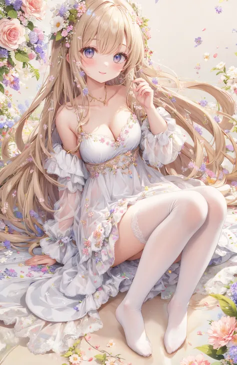 masterpiece,best quality,absurdres,
1girl,beautiful detailed girl,fine and beautiful detailed skin,bare shoulders,collarbonea,unbuttoned clothes,cleavage,microdress,
extremely detailed beautiful background,CG,8K wallpaper,smile,floral_background,foral_back...