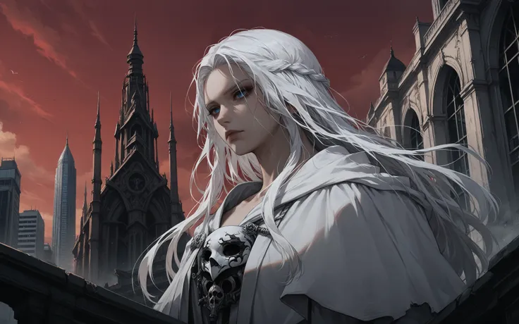 <lora:Venat_FF14:0.8> 1girl, long hair, white hair, blue eyes, white robe, red sky, mask removed, (skyscraper:gothic architecture), serious,