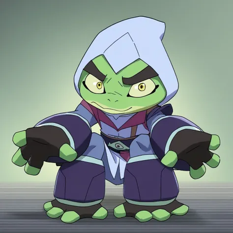 bullfrogcl, score_9, source_anime, 1boy, solo, full body, colored skin, green skin, hood, yellow eyes, fingerless gloves, toeless footwear, thick eyebrows