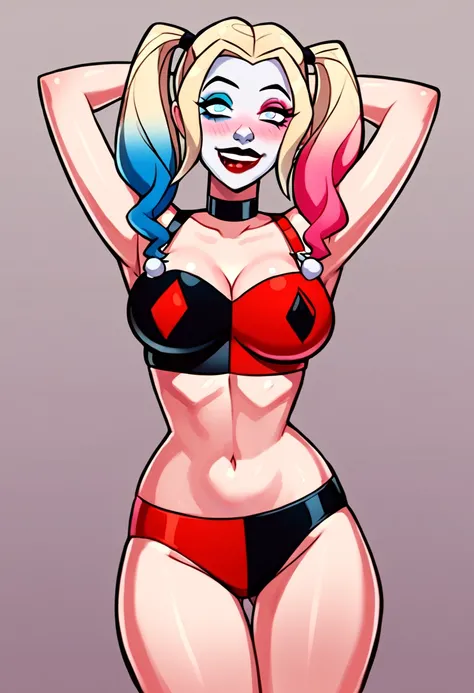 score_9, score_8_up, score_7_up, source_anime, source_cartoon, rating_safe 1girl, solo  HQ2019, harley quinn, (pink and blue bat costume),
(cartoon, anime),detailed face, (cowboy shot), (source_cartoon), pinup, detailed eyes, masterpiece,  makeup, blush, e...