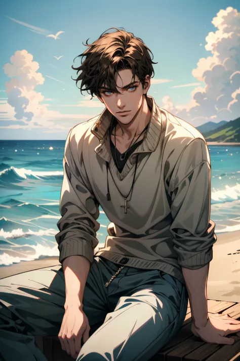 ((ultra detailed, masterpiece, absurdres))
 <lora:WDAiden:0.8>
WDAiden, 1boy, brown hair, blue eyes, looking at viewer, at the beach, swim trunks, sitting