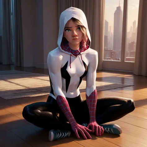 score_9, score_8_up, score_7_up, score_6_up, score_5_up, score_4_up, 1girl, spiderG, sitting on the floor, superhero, hood down