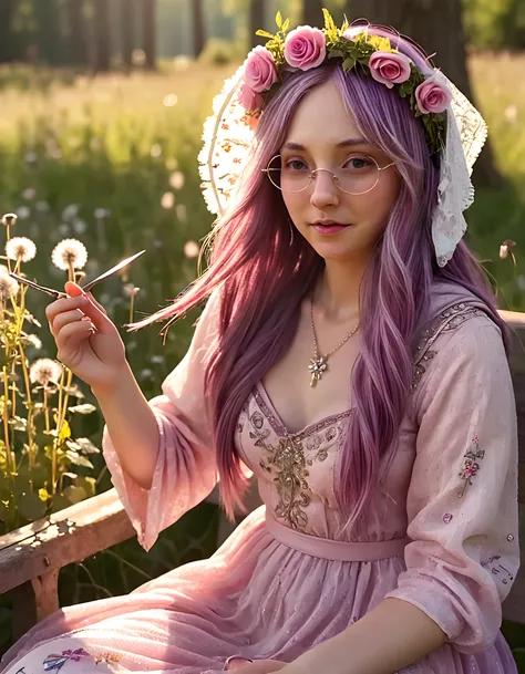 A close-up image captures Layona, a striking furry female with long cascading purple hair and carefully applied makeup, seated on a weathered wooden bench by a sunlit meadow filled with dandelions. She wears a vibrant pink dress that billows around her, ad...