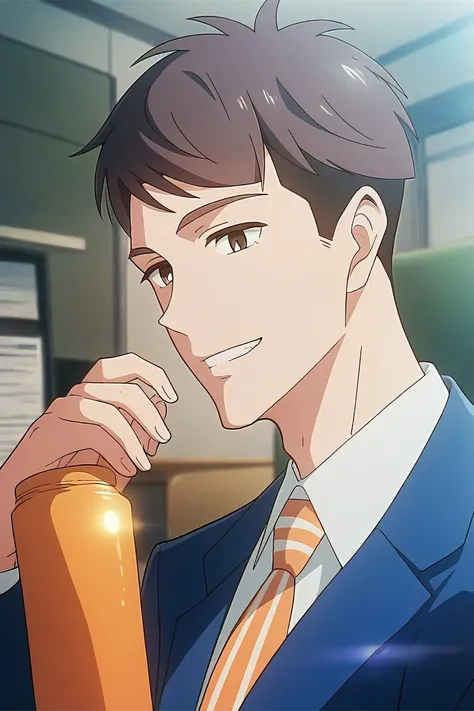 (score_9, score_8_up, score_7_up),(source anime, best quality, best aesthetic, perfect anatomy),1boy,kentaro momose,male_focus,handsome detailed face,black eyes,black jacket,blue jacket,collared shirt,slim body,skinny,orange necktie,solo,modern office,hand...