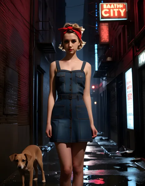 54M4NTH4, In a gritty, noir-inspired scene set amidst the neon-lit streets of 1940s New York City, a striking young woman with captivating brown eyes and a quaint denim mini-dress adorned with vintage buttons, her hair tied up neatly with a red bandana hea...