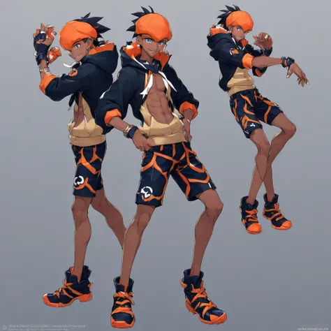 gloves, slim build, male, dark skin, hands in pockets, dark skin tone, dynamax band, boy, side slit shorts, shoes, sexy, standing, blue/orange shoes, black hair, the dragon-type uniform, orange hairband, slim body, cyan-colored eyes, young, dark-skinned ma...