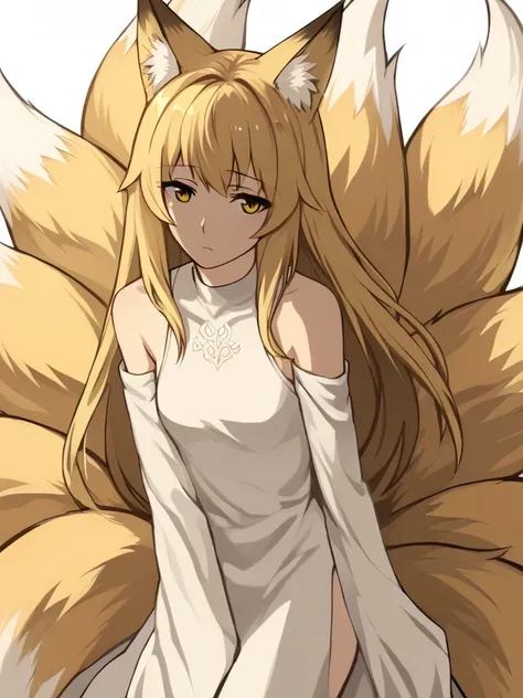 <lora:Harusame_(reuken)-PonyXL-1024px-v3:0.9>
score_5_up,  
1girl, solo, wearing white dress, bare_shoulders, fox ears, long blonde hair, yellow eyes, multiple tails