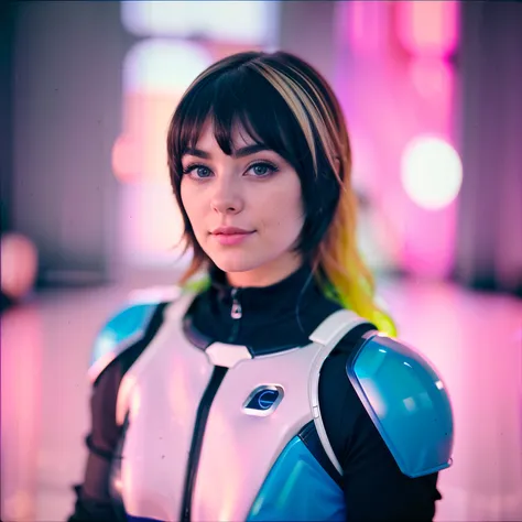 woman, shaggyMullet, photograph, from front, looking at viewer, natural light, subject, 8k uhd, dslr, __cf-model/hair-color/other__ hair, bright eyes, wearing  Space explorer suit with high-tech gadgets, model pose, messy {medium|long|very long} hair, very...