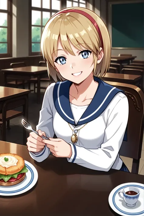 score_9, score_8_up, score_7_up, best quality, masterpiece, source_anime, anime screenshot BREAK   1girl sherry birkin, solo ,blonde hair, short hair, blonde hair, hairband, <lora:sherryClassic:1> , holding fork and spoon, sitting on chair, food on table, ...