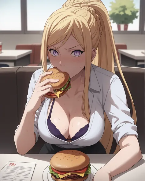 score_9, score_8_up, score_7_up, bishamon, slit pupils, ponytail, braid, office shirt, fast food restaurant, sitting, eating a hamburger, blush, sweat, cleavage, bra,pov, looking at viewer
<lora:Bishamon_Noragami_PXL:0.7>