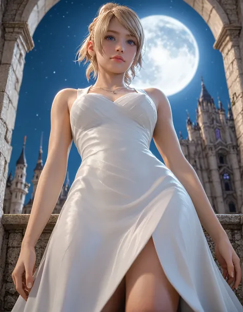 score_9, score_8_up, score_7_up,score_6_up,high resolution,lnf,1girl,solo,3d,close-up,,pov,from below,blonde hair,ponytail,dress,high heels,necklace,night,moon,in front of a castle,laying down,looking at viewer,volumetric lighting,depth of field,rim lighti...