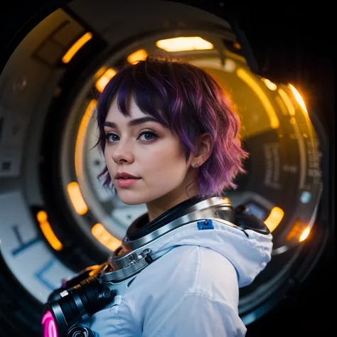 woman, shaggyMullet, photograph, from front, looking at viewer, natural light, subject, 8k uhd, dslr, purple hair, bright eyes, wearing  Space explorer suit with high-tech gadgets, model pose, medium hair,
<lora:concept_hair_shaggyMullet_sd15_v5-shaggyMull...