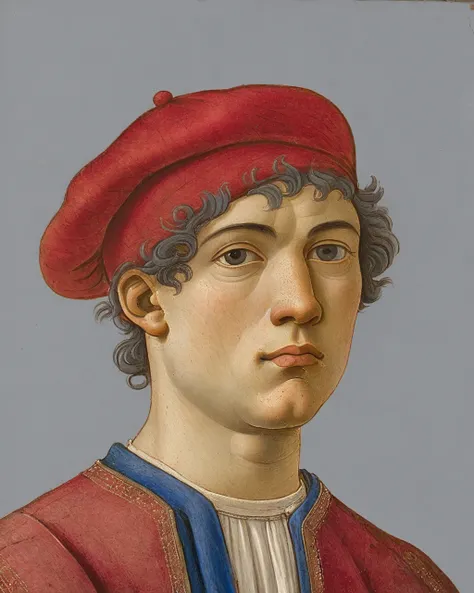 Renaissance, Botticelli,
The image showcases a portrait of a young individual, possibly from the Renaissance period, given the style and composition. The subject is wearing a red cap and a blue-gray garment. The artistic style is realistic with attention t...