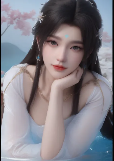 (looking_at_viewer:1.4),full_shot,chin_rest,bunching_hair,lying_on_water,1girl,solo,dress,hair ornament,portiart,from front,masterpiece,(best quality),official art,extremely detailed cg 8k wallpaper,crystalstexture skin,(extremely delicate and beautiful),s...
