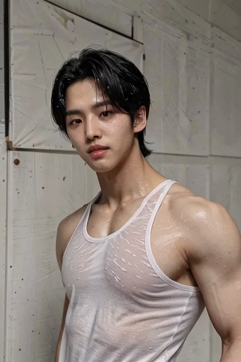 hongseok, muscular, dynamic hair style,  sweaty, oily, armpits, tank top, <lora:NSFWFilter:-1>  (highres, ultra detailed) ((masterpiece)), ((best quality:1.1)), High Resolution, 8k,1boy, (photorealistic:1.4), 4k, high quality, masterpiece, dynamic poses, l...