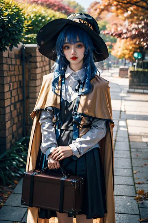 best quality,masterpiece,film grain,1girl,roxy migurdia,solo,long hair,looking at viewer,hat,holding,bangs,blue hair,skirt,blue eyes,outdoors,cape,plant,autumn,suitcase,black skirt,brown cape,sky,day,sunlight,<lora:RoxyMigurdia_v1_wd14-000010:0.65>,