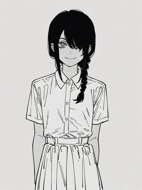 score_9, score_8_up, score_7_up, 
1girl, monochrome, nayuta csm, black hair, single braid, ringed eyes, hair over one eye,

standing, looking at viewer, smile, closed mouth,
white background,
white shirt, collared shirt, short sleeves, white skirt, solo,