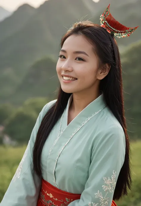 苗族分支歪梳苗少女半月木梳头饰 Young girls from the  Waishu Miao branch of the Miao ethnic group adorn their hair with half-moon shaped wooden combs.