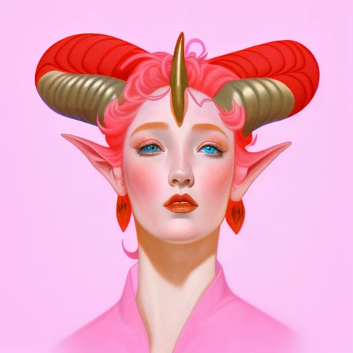 blue eyes, looking up, horns, headdress, red hair, lips, pink background, horseback riding, petals