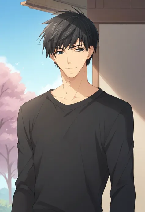 score_9, score_8_up, score_7_up, source_anime, highly detailed, slender,
miyagi, 1boy, male focus, solo, black hair, plant, shirt, sweatdrop, black shirt, upper body, black eyes, pants, upper body, smile,
outdoor, sky, blue sky, cherry tree, japan,