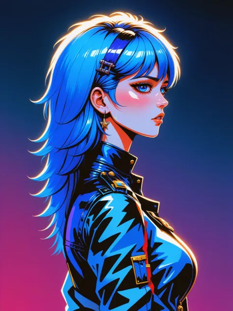 woman with a long shaggyMullet hair style and shaved sides,  __general2/posture_poses__, (shaggyMullet:1.2) , flat anime style, masterpiece, highly detailed, black hair, silver hair, multicolored hair, vibrant blue eyes, wearing riding leathers and punk at...