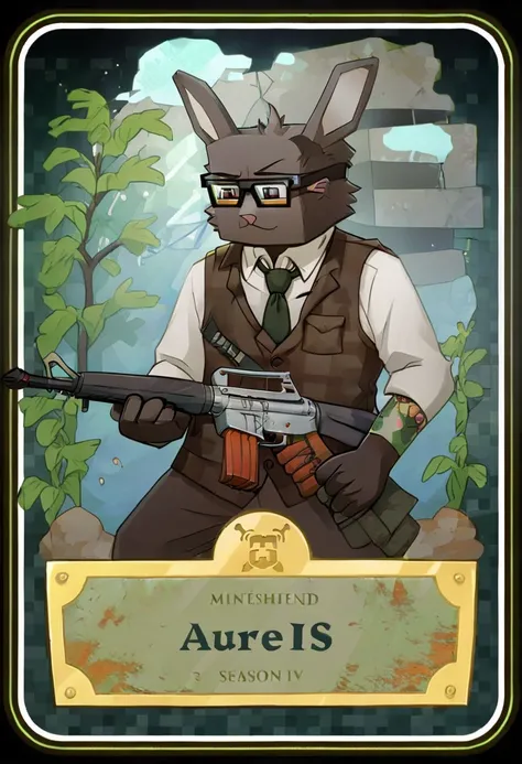 hand on hip, glasses, heterochromia, goggles, fish, necktie, upper body, assault rifle, necklace, microphone, tail, sheath, rabbit ears, jewelry, sitting, no text, headband, holding hammer