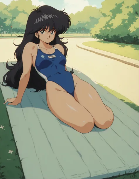 score_9, score_8_up, score_7_up,score_6_up,high resolution,digital art,mdk,1girl,solo,retro,black hair,long hair,swimsuit,sunny,at park,looking at viewer,volumetric lighting,depth of field,full body,front view,laying