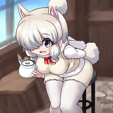 breast pocket, extra ears, fur-trimmed sleeves, index finger raised, breasts, fur collar, blonde hair, cup, white pantyhose, profile, medium hair, outdoors, shirt, looking at viewer, blue eyes, sweater, teacup, stool, white hair, sweater vest, single hair ...