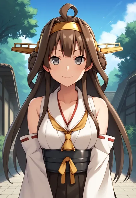 score_9, score_8_up, score_7_up, score_6_up, score_5_up, score_4_up, source_anime, rating:general, 
BREAK,
<lora:kongou_kancolle_ponyXL_v1:1> kongou (kancolle), brown hair, long hair, hairband, grey eyes, 
looking at viewer, smile, standing, outdoors, deta...