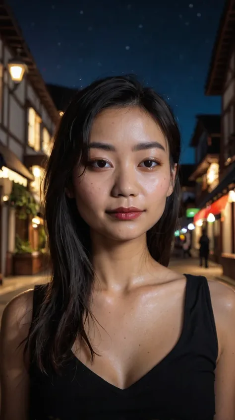 18yo chinese woman, asian, shadows, perfect face, nighttime, dark photo, grainy, dimly lit, seductive smirk, harsh camera flash, grainy, highly detailed, (freckles:0.4), (skin texture), (background town), bokeh, (snub nose)