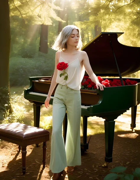 C0URTN3Y, In an ethereal, sun-dappled forest glade, a striking young woman with a cascade of grey hair and emerald eyes stands gracefully atop an antique grand piano, her delicate fingers plucking at the ivories as petals from a blooming red rose on her ch...