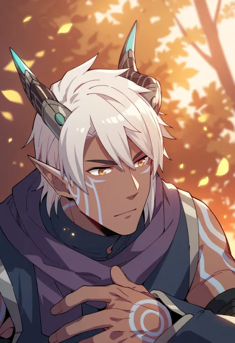 best quality, amazing quality, best aesthetic, source_anime, 1boy, solo, <lora:ethari_tdp:1>, ethari_tdp, white hair,horns, pointy ears, tattoo, colored skin, dark-skinned male