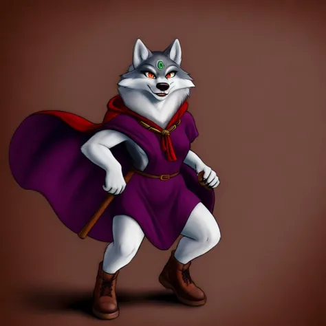 <lora:lupay:0.8>
solo, 1girl, masterpiece,
lupay, wolf, orange eyes, eyebrows, third eye, long wolf tail,
red cape, purple cloth, brown footwear,
standing, holding staff,