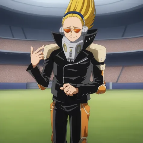 <lora:SlimesPresentMic:1>,slimes_presentmic, man, orange sunglasses, no eyes, yellow hair, waist up, smiling,stadium background