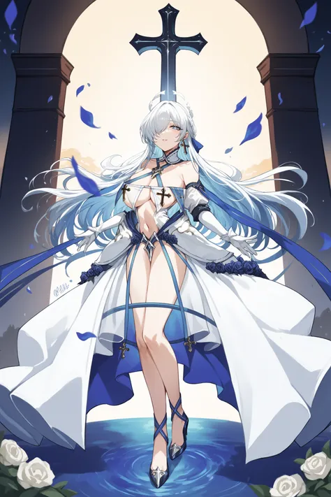 score_9, score_8_up, score_7_up, , rating_general, 1girl ,brnsd, hair over one eye, sidelocks tied back, blue hair bow, cross earrings, detached collar, criss-cross halter, white dress, revealing clothes, breast curtains, detached sleeves, white gloves, se...