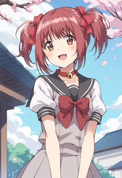 score_9, score_8_up, score_7_up, source_anime BREAK
momomiya ichigo, school uniform, 1girl, solo, twintails, brown eyes, blush, short hair, red hair, cherry blossoms, short twintails, serafuku, hair ribbon, petals, smile, school, neck bell, looking at view...