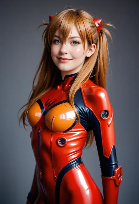 realistic, photo (medium), score_9, score_8_up, score_7_up, BREAK
solo, 1girl, asuka langley, blue eyes, orange hair, 
hairpods, plugsuit, red bodysuit, shiny skin, shiny clothes, 
standing, looking at viewer, light smile, upper body,