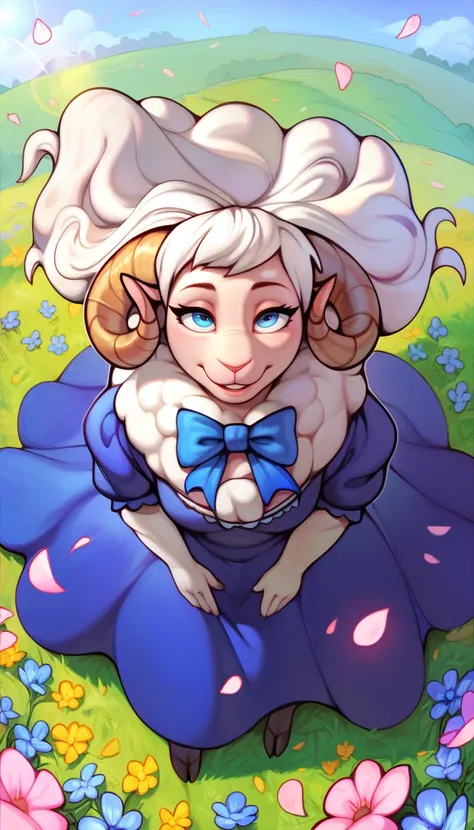 zPDXL2, score_9, score_8_up, score_7_up, score_6_up, score_5_up, score_4_up, solo, outdoors, field, flowers, sunbeam, sheep girl, neck tuft, white hair, sheep horns, blue eyes, blue dress, frills, puffy sleeves, ribbons, bowtie, long hair, lens flare, from...