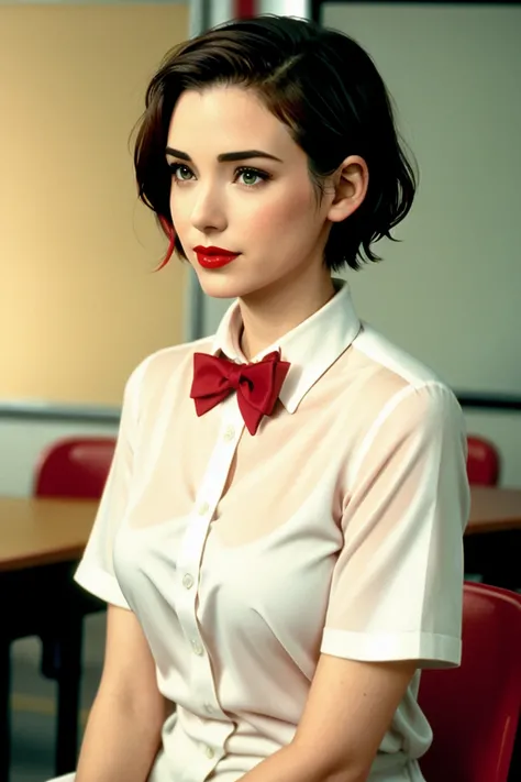 winona, ((red lipstick, blush)),  ,((detailed eyes, beautiful eyes, detailed face, beautiful face):1.2), ((red lipstick, blush, pale skin)), ,photo of a woman, RAW, ((bowtie, shirt)),((short hair)), ((classroom, sitting)), slim body, 8k uhd, dslr, soft lig...