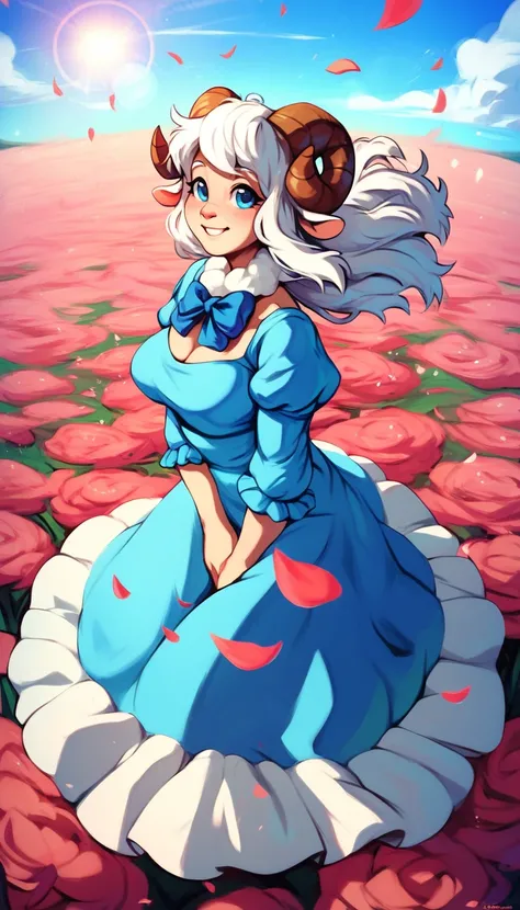 zPDXL2, score_9, score_8_up, score_7_up, score_6_up, score_5_up, score_4_up, solo, outdoors, field, flowers, sunbeam, sheep girl, neck tuft, white hair, sheep horns, blue eyes, blue dress, frills, puffy sleeves, ribbons, bowtie, long hair, lens flare, from...