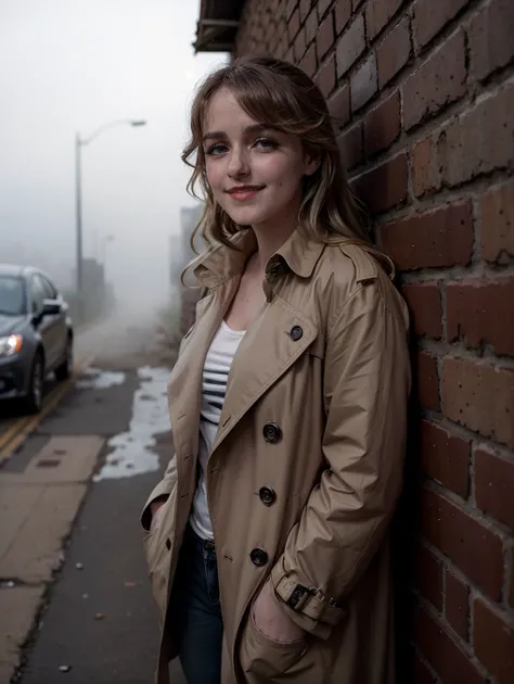 Mckenna8, smile, grin, A woman leaning against a brick wall, trench coat, in an alley full of fog, rusty car wreck, dark atmosphere