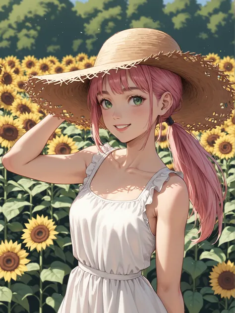 score_9, score_8_up, score_7_up, score_6_up, score_5_up, score_4_up, source_anime BREAK looking away, solo, 1girl, happy, smile, green eyes, pink hair, ponytail, sundress, straw hat, sunflowers, windy, [from side|straight-on]