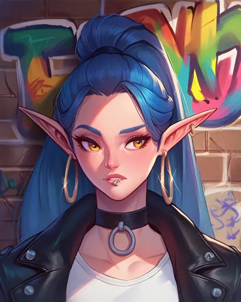 score_9,score_8_up, score_7_up, elf woman with blue hair, upper body, choker, black leather jacket, white t-shirt, hoop earrings, lip ring, long hair, yellow eyes, graffiti wall <lora:NoizuPony:1>