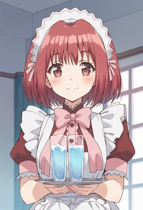 score_9, score_8_up, score_7_up, source_anime BREAK
momomiya ichigo, waitress, maid, tray, 1girl, smile, brown eyes, short hair, maid headdress, solo, red hair, glass, looking at viewer, blush, holding tray, maid apron, red eyes, pink hair, bowtie, pink bo...